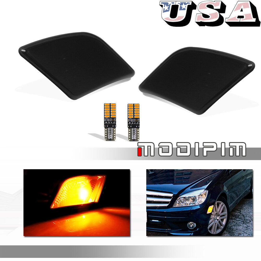 Front Black Side Marker Lights with Amber LED Bulbs for 2008 - 2011 for W204 C-Class - v