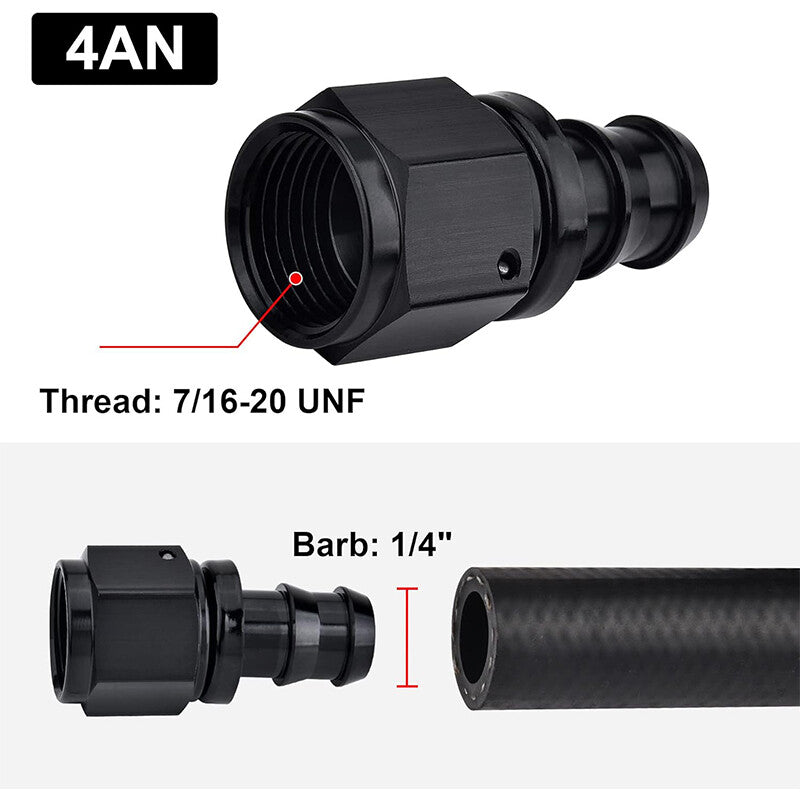 4AN AN4 Straight Push-On Hose End Fittings/Adapters Push Lock Barb Black
