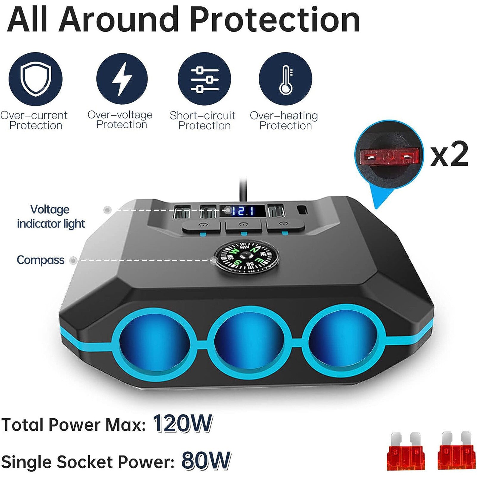 Car 3 Way Cigarette Lighter Socket USB Charger Splitter Power Adapter 120W