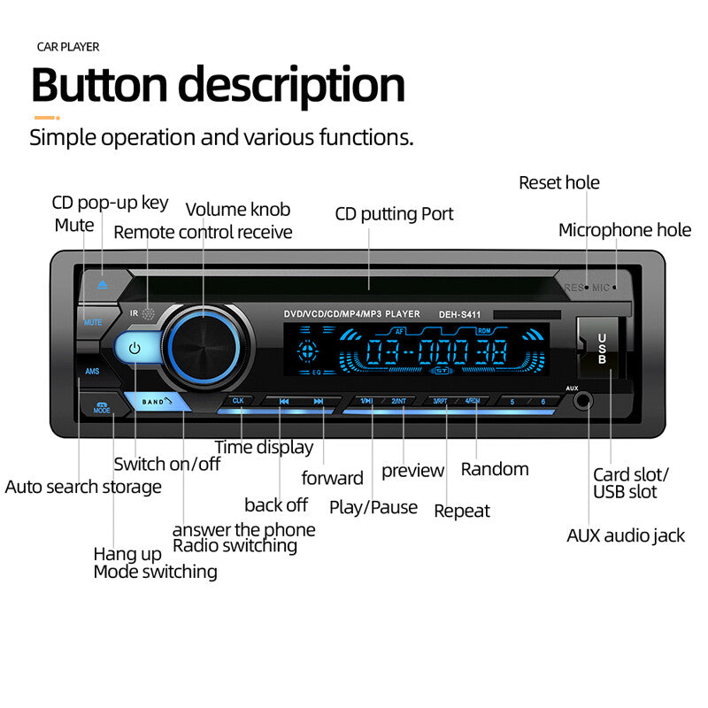 12V Car DVD/VCD/CD/CD-R/CD-RW/MP3 Player with Bluetooth Card, Disc Media, SD/USB, and LCD Screen n