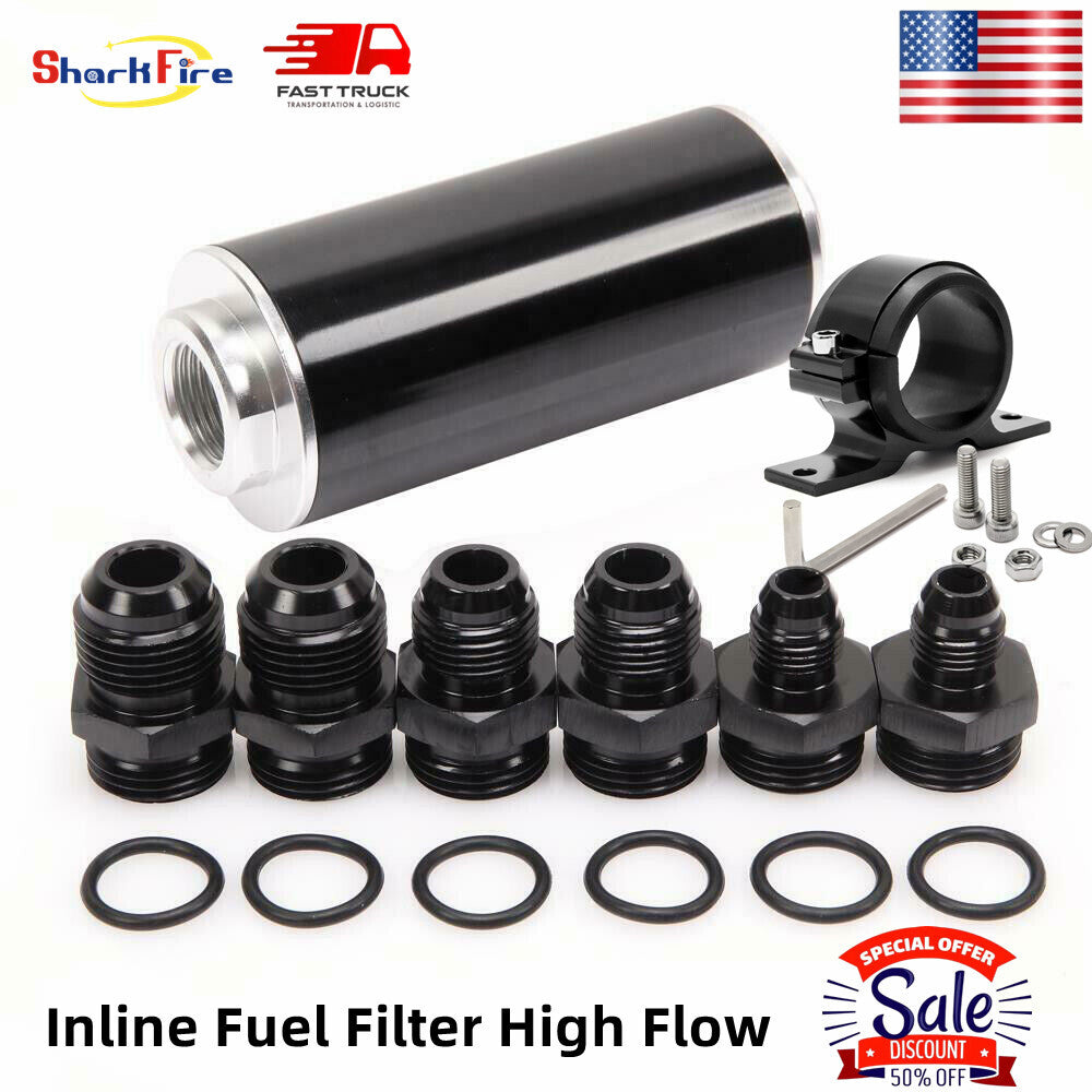 Universal direct-flow fuel filter, high flow, 100 microns, cleanable, 6AN/8AN/10AN adapter.