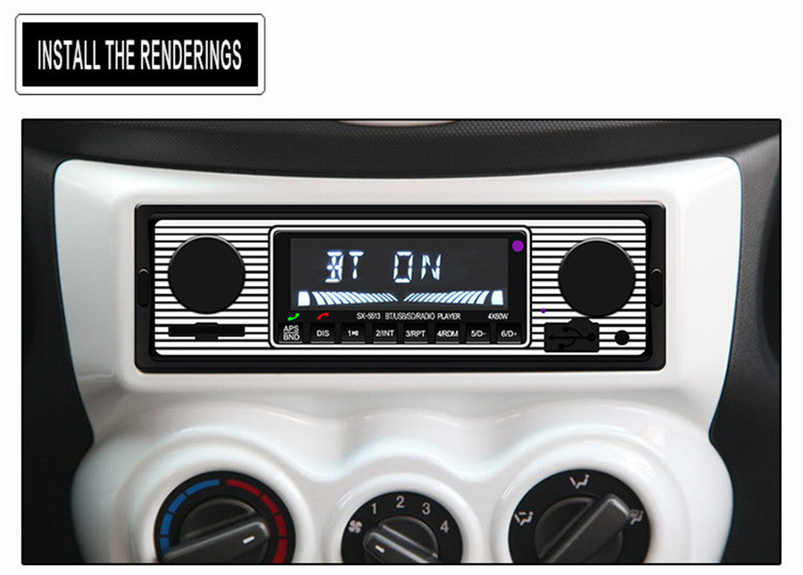 12V 4-channel car stereo MP3 player with built-in Bluetooth, AUX, USB, FM radio, and remote control. n