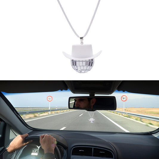 Cowboy Hat Disco Ball Car Ornamen Rearview Mirror Hanging Acessory Rope White