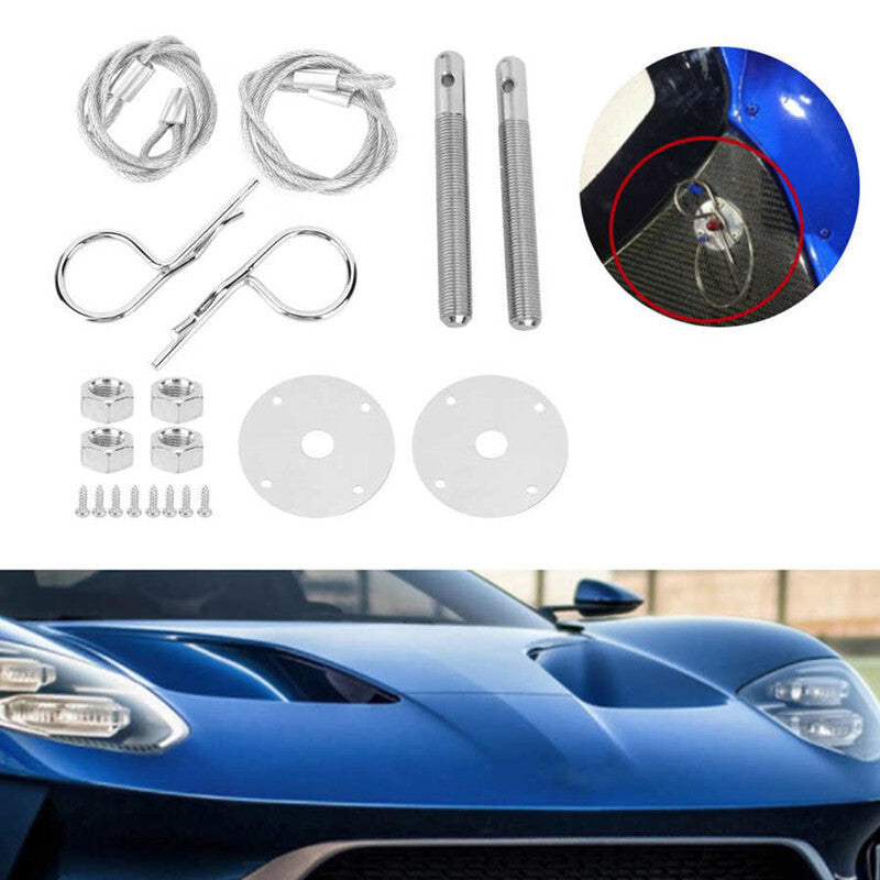 Chrome Car Stainless Steel Practical Mount Engine Hood Pin Plate Bonnet Lock Set