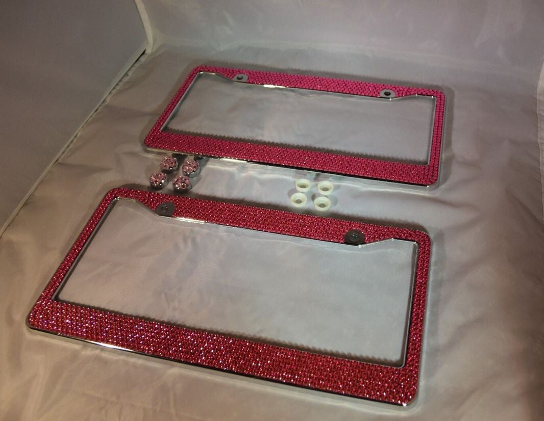 2-Piece Car License Plate Frame Cover for Rear Trunk Pink Glitter Crystal Suitable for Dodge