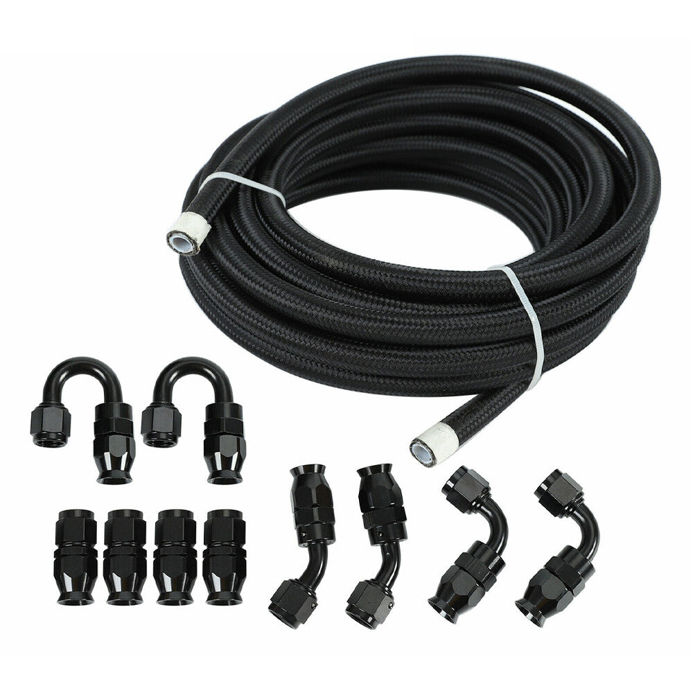 4AN -4AN 20FT Black Nylon E85 PTFE Fuel Hose Line 10Pcs Adapter Fitting Hose Kit