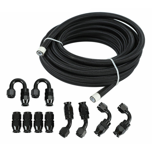 4AN -4AN 20FT Black Nylon E85 PTFE Fuel Hose Line 10Pcs Adapter Fitting Hose Kit