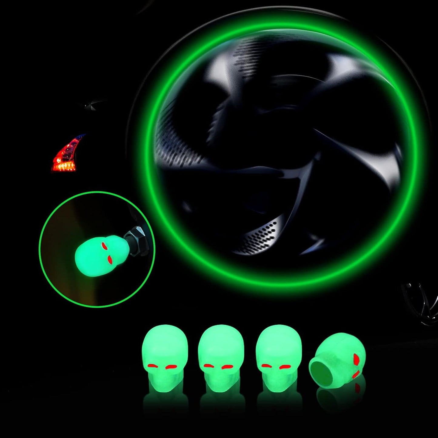 4Pcs Skull Wheel Tire Caps Air Valve Stem Cover Universal Luminous Green Q