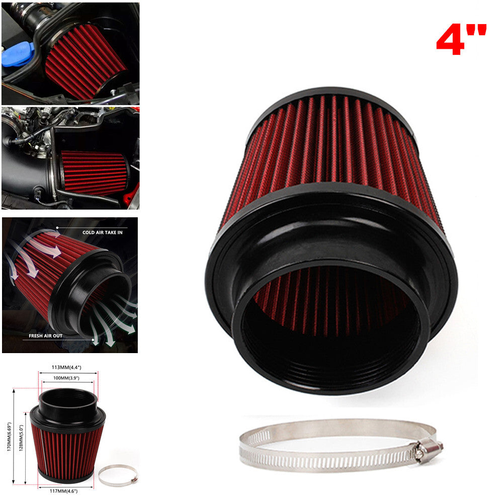 4-inch 100mm high-flow universal clip-on intake filter, round/conical shape, washable. n