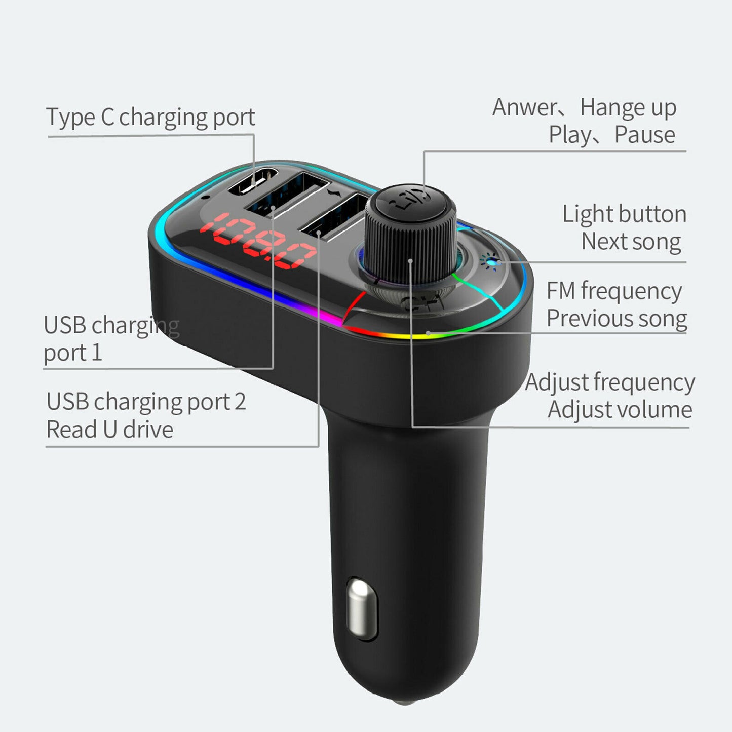Wireless Adapter FM Transmitter MP3 Radio 2 USB Charger Car Kit for Bluetooth 5.0 Q