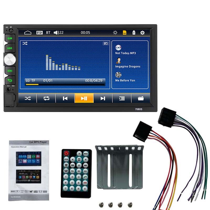 Car-mounted 7-inch 2DIN HD touchscreen MP5 player with Bluetooth music calling and video/audio playback functionality. n
