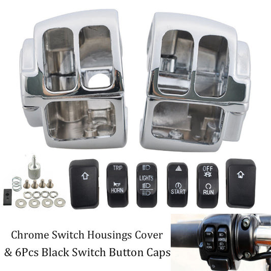 Chrome switch housing protective case + 6-piece handheld control switch button caps, black, suitable for Harley-Davidson . n