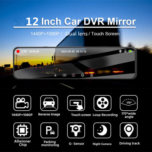 Car DVR 2K Mirror Dash Cam Auto Recorder Dual Lens Support 1080P Rear Camera Kit