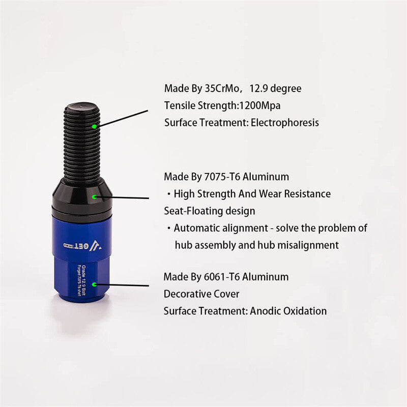 20x Blue M14x1.5 Wheel Lug Bolt Tapered for Seat Stud Set, 35 Handles, Suitable for Most Aftermarket Use.
