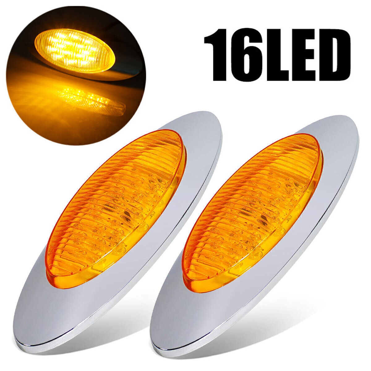 10x 6.5 Amber 16 LED Oval Side Marker Light Chrome Bezel for Peterbilt Cab Trailer