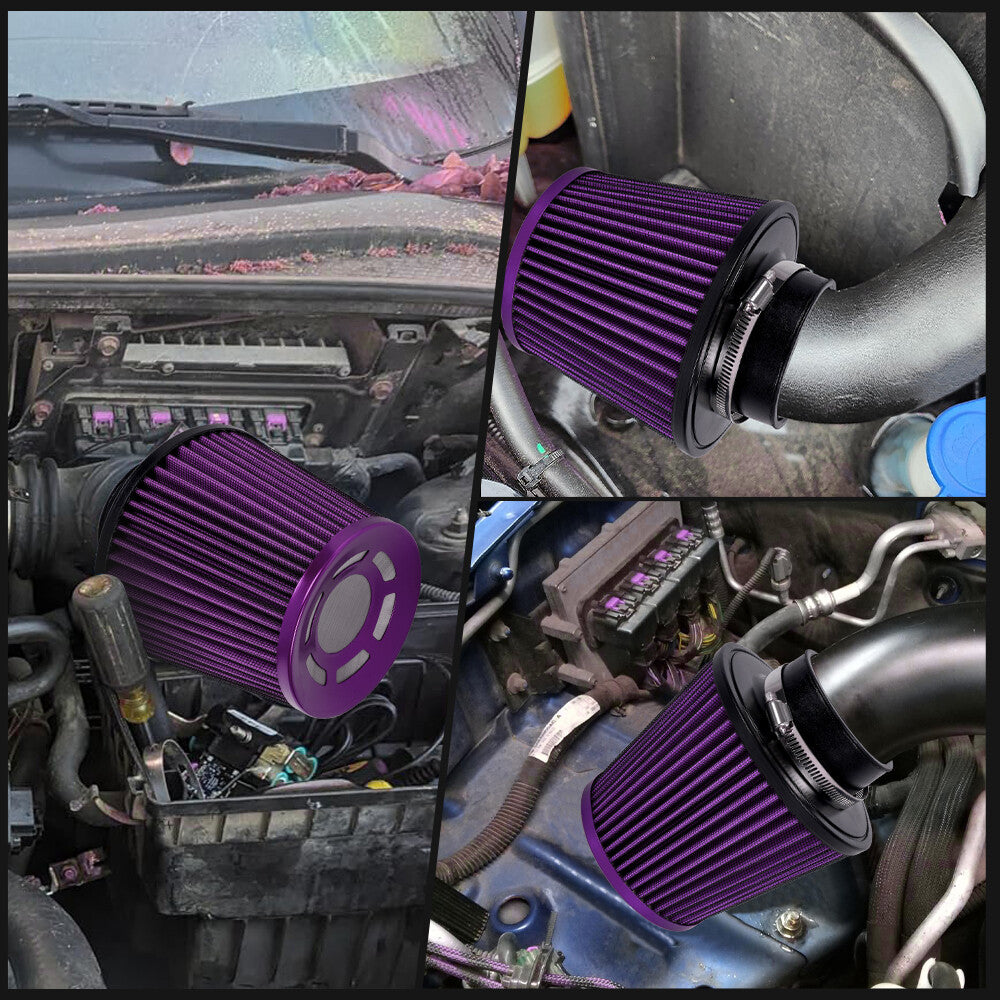 3 76mm Full Purple High Flow Inlet Air Intake Cone Filter For Car/Truck/SUV