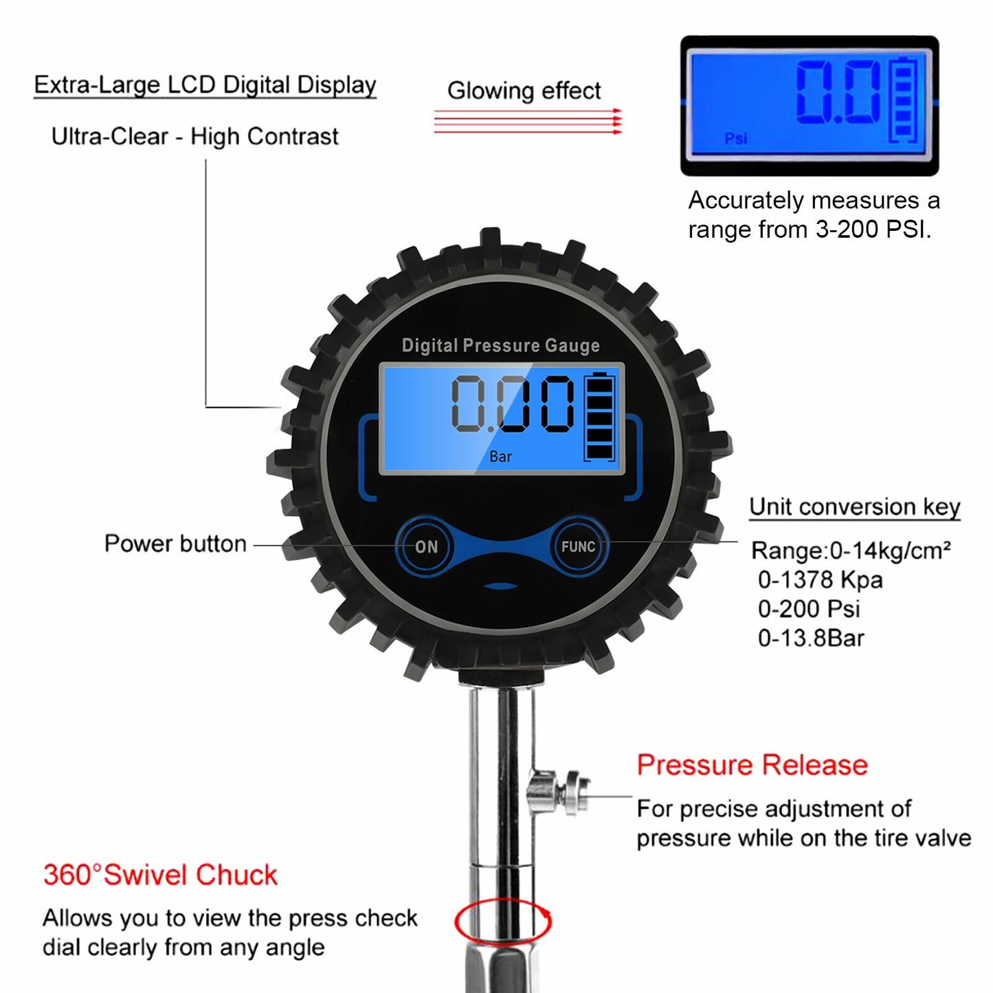 Digital tire pressure gauge 200PSI with quick-connect rubber hose.