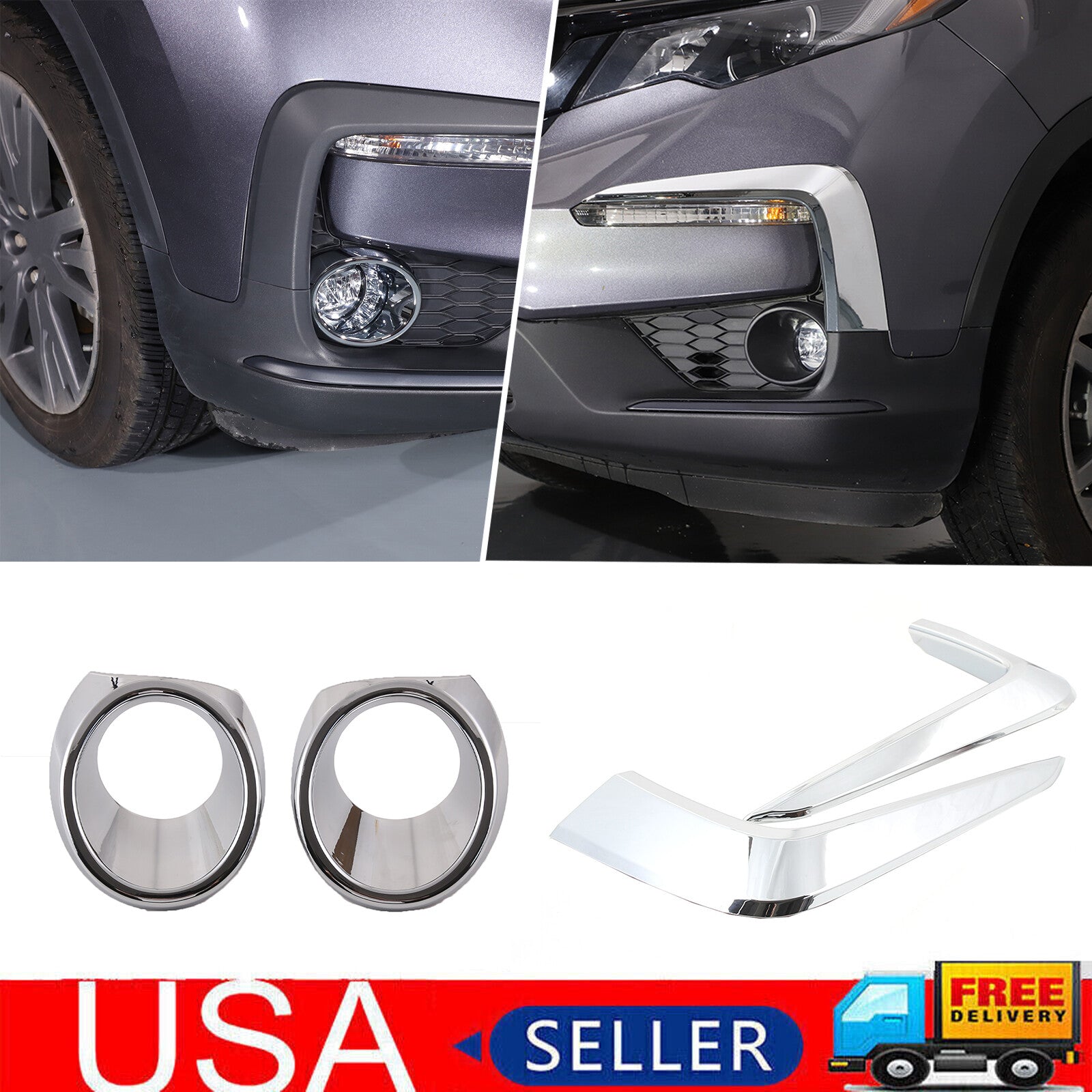 Front fog light stripe trim + lens cover trim kit for Honda Pilot 2019 - 2021