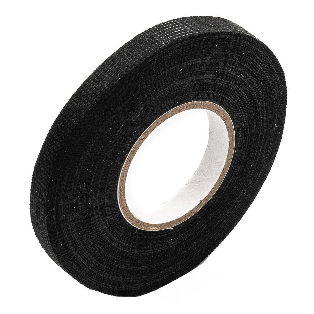 Flexible fabric tape, 15 meters, 9 mm thick, heat-resistant, suitable for automotive wiring.