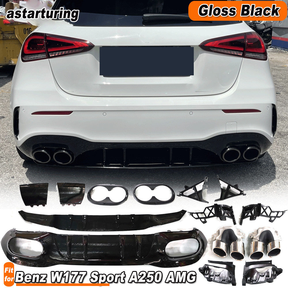 for Benz W177 A200A250 Sport A35 Gloss Black Rear Diffuser Lip W/Exhaust Tips