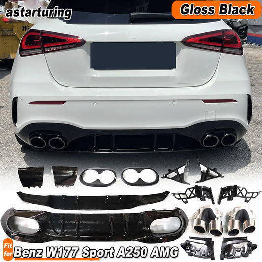 for Benz W177 A200A250 Sport A35 Gloss Black Rear Diffuser Lip W/Exhaust Tips