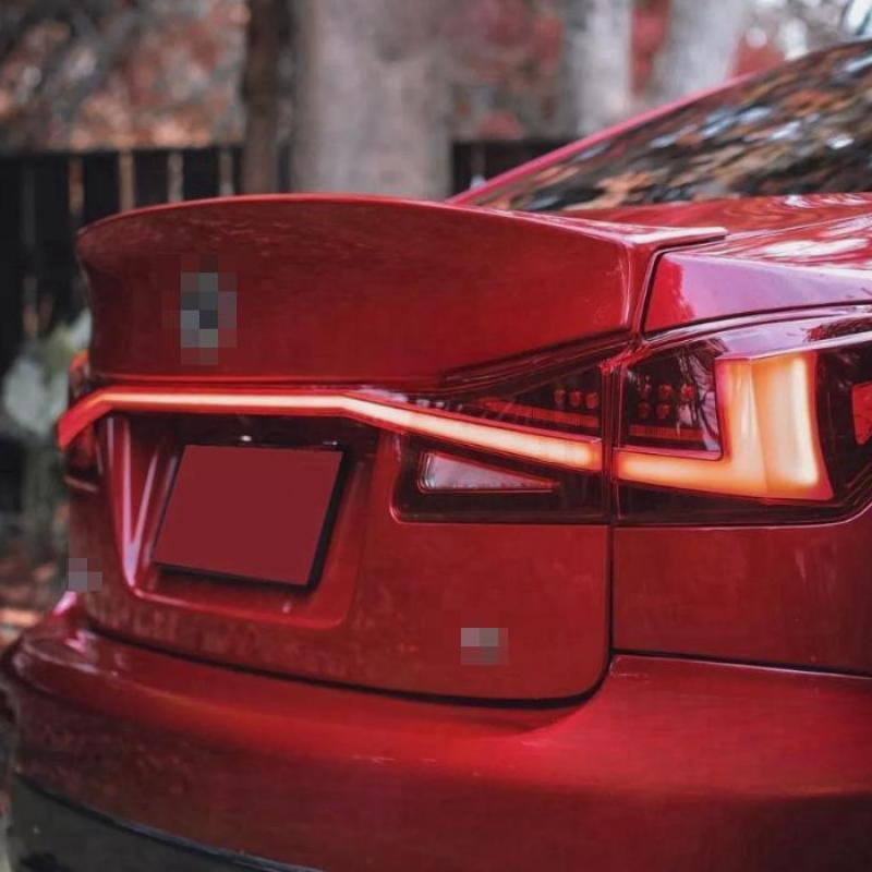 Red lens for Lexus IS250 IS350 ISF 2006-2013 with LED taillights and trunk light strip.