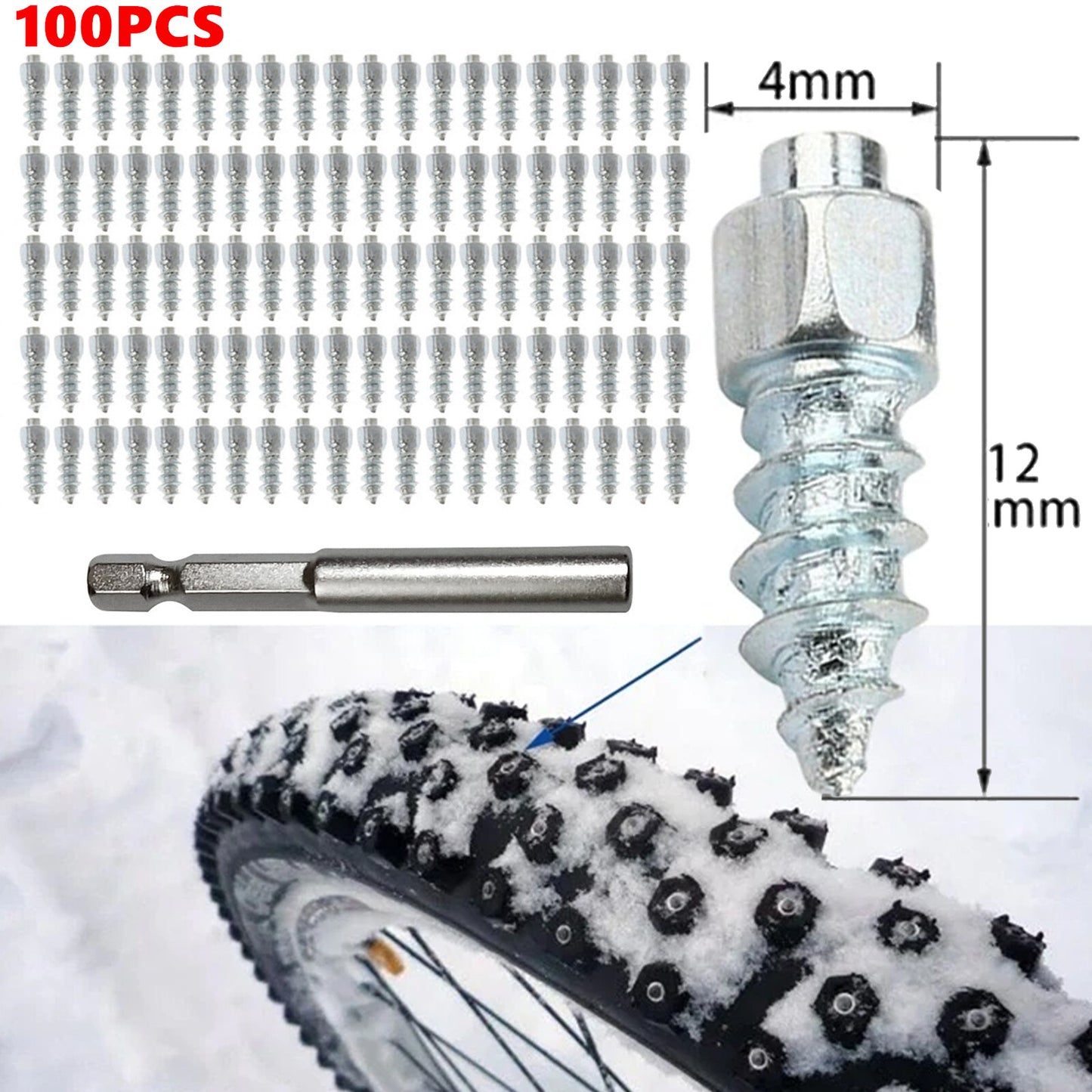 100Pc 4X12mm Anti-Slip Snow Tire Studs Wheel Tyre Spikes Screw in Tire Stud G5K1 Q