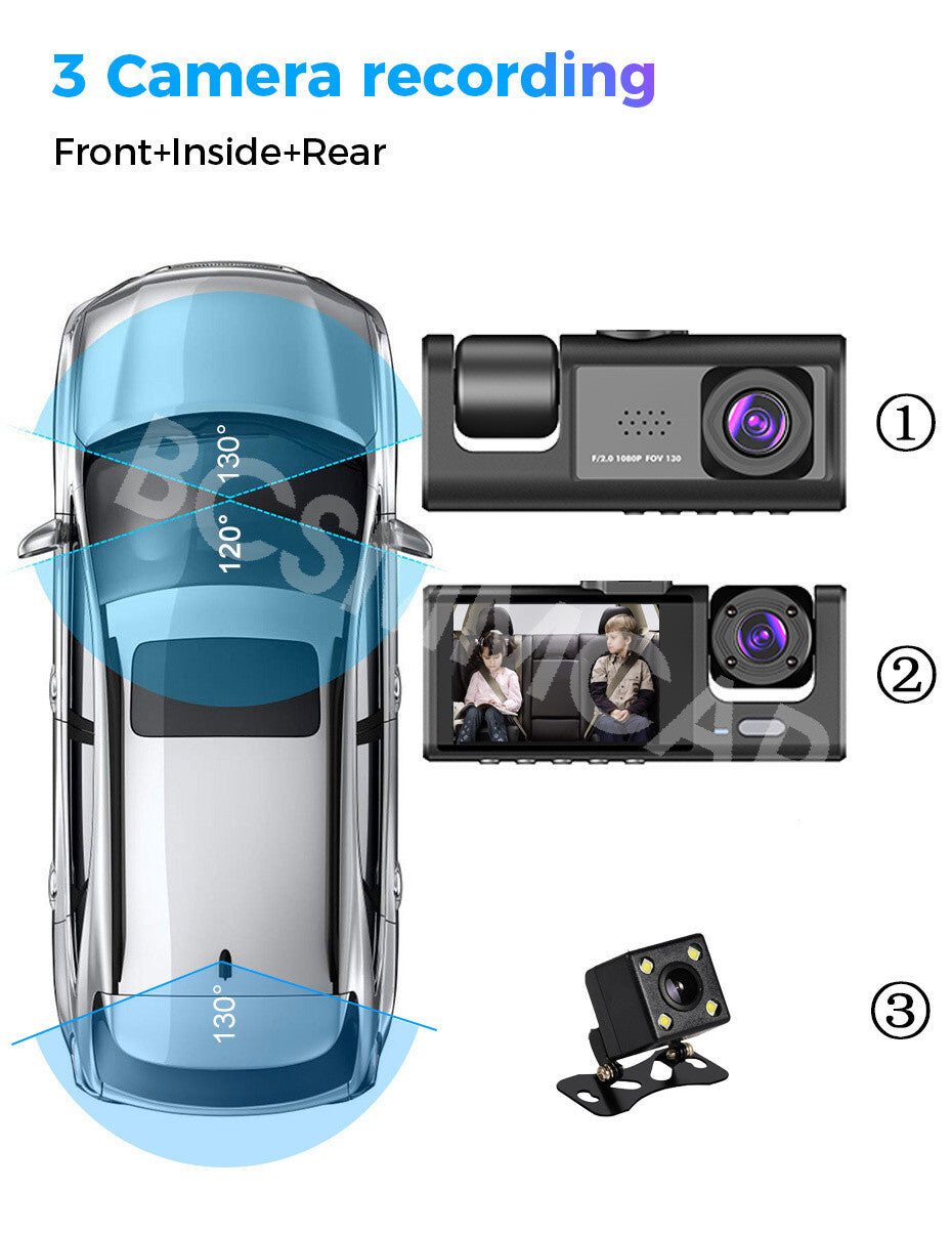 Car 1080P 3 Lens Dash Cam Recorder G-sensor Front Rear Inside Video Camera DVR