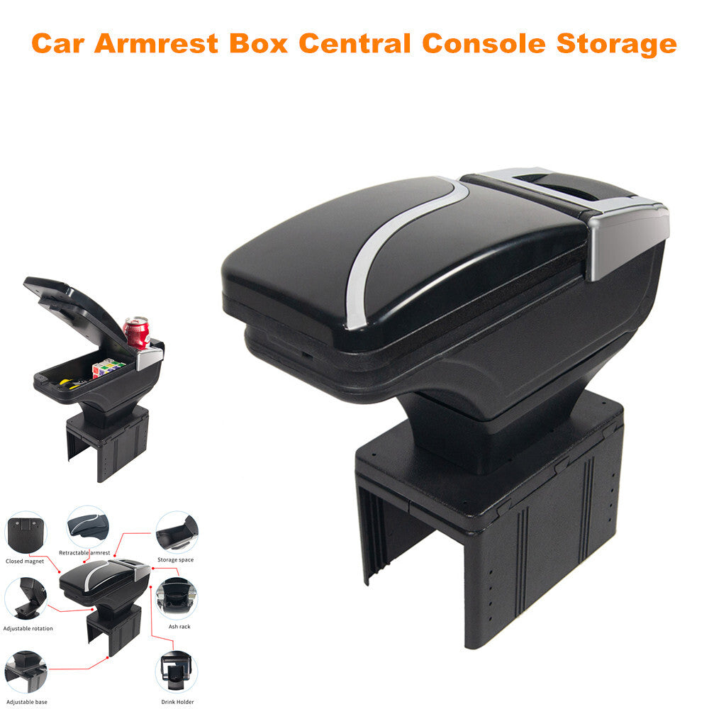Car armrest box center console storage kit with cup holders and adjustable base - n