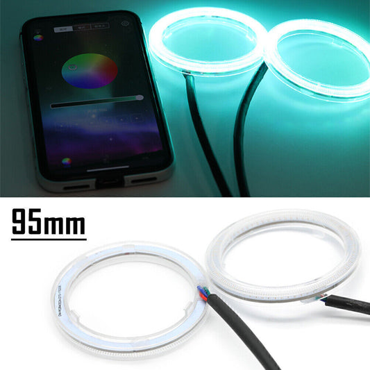 2X RGB Colorful COB RGB Mobile APP Angel Eyes Light LED Halo Rings Lamp Kit 95MM Q
