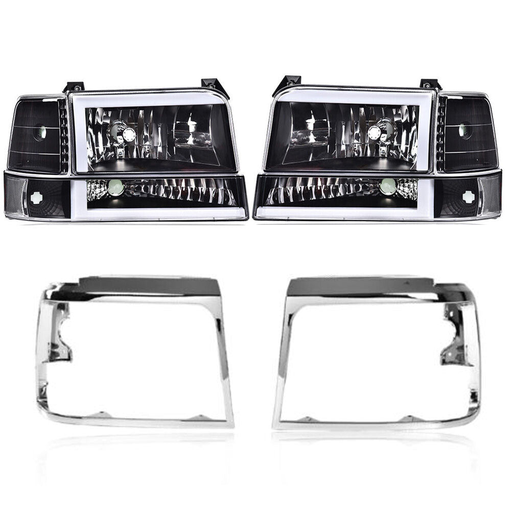 Suitable for 92-96 F150 F250 LED DRL black/clear headlights + chrome trim around the headlight doors.