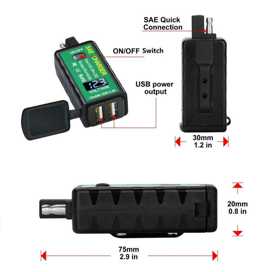 Motorcycle Dual USB for Charger Waterproof Fast Charging Adapter Voltmeter Switch Q
