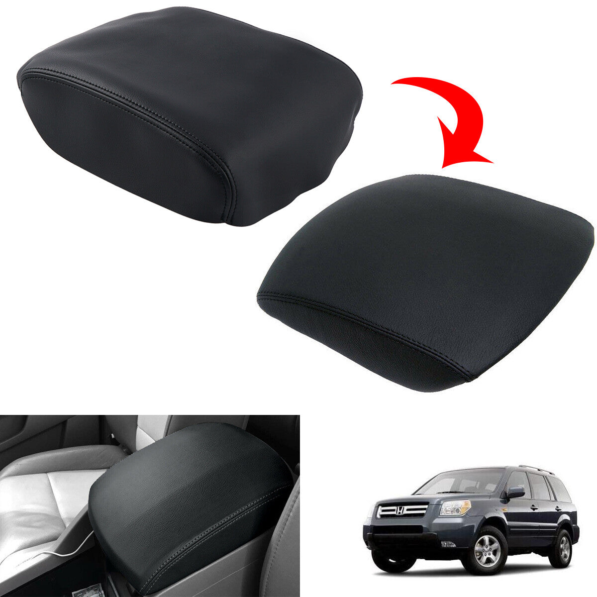 PU leather armrest center console cover trim in black for Honda Pilot 2009 - 2015