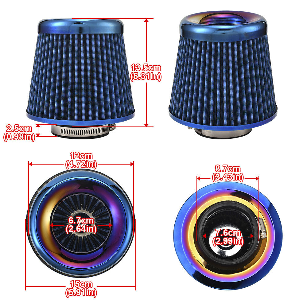 Universal Clamp-On Air Filter Cleaner 3inch/76mm for Car Moto Blue