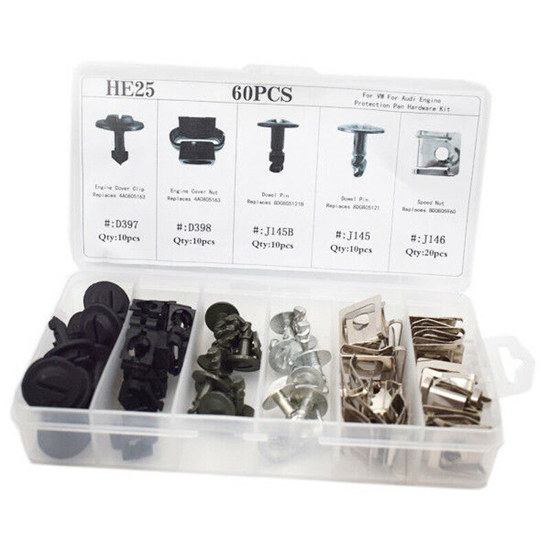60-piece US Automotive Engine Protector Disc Hardware Kit with Pin Clamps, Nuts, and Decorative Parts n