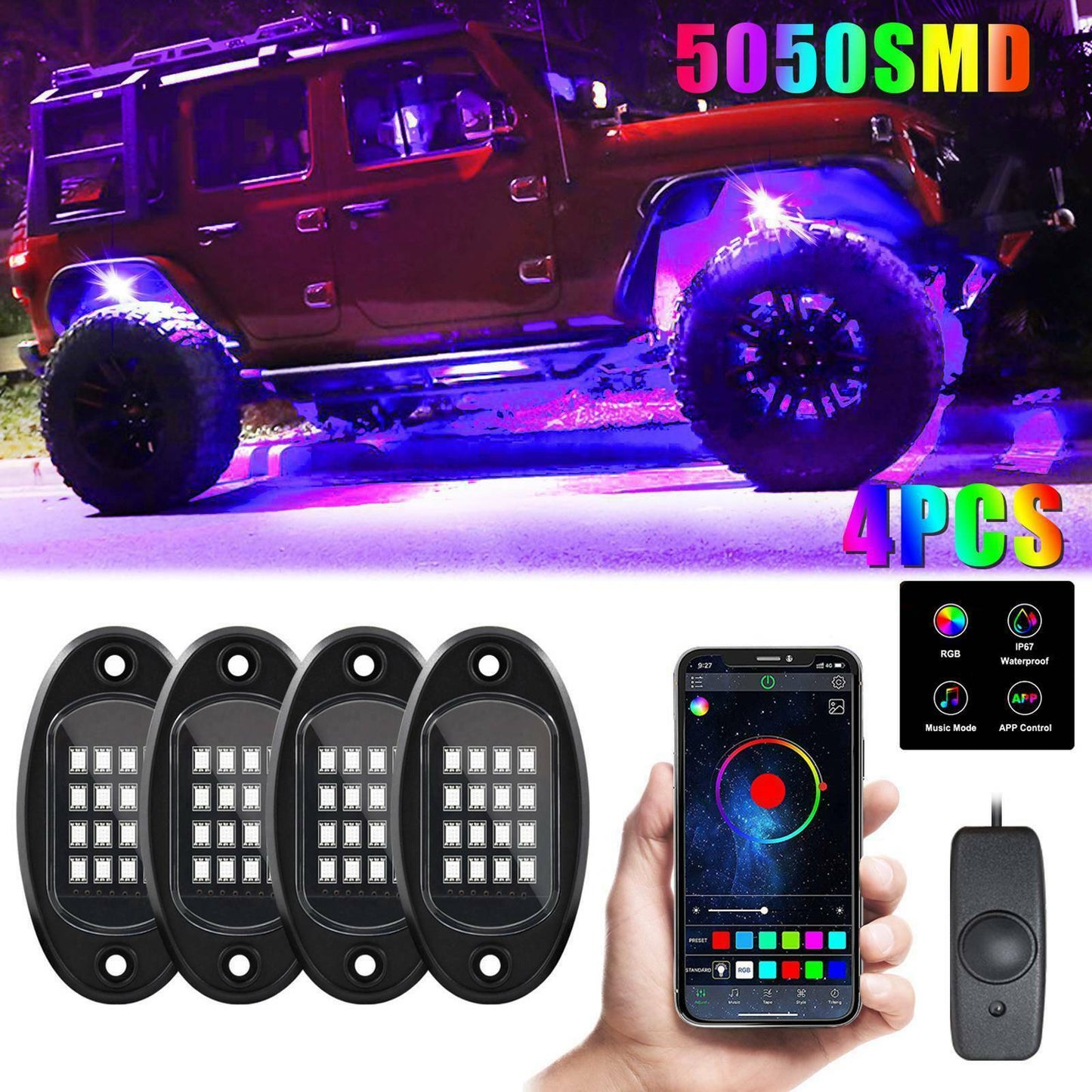 4x RGB LED Rock Light Pod Underbody Glow Neon Lamp Offroad Bluetooth App AT