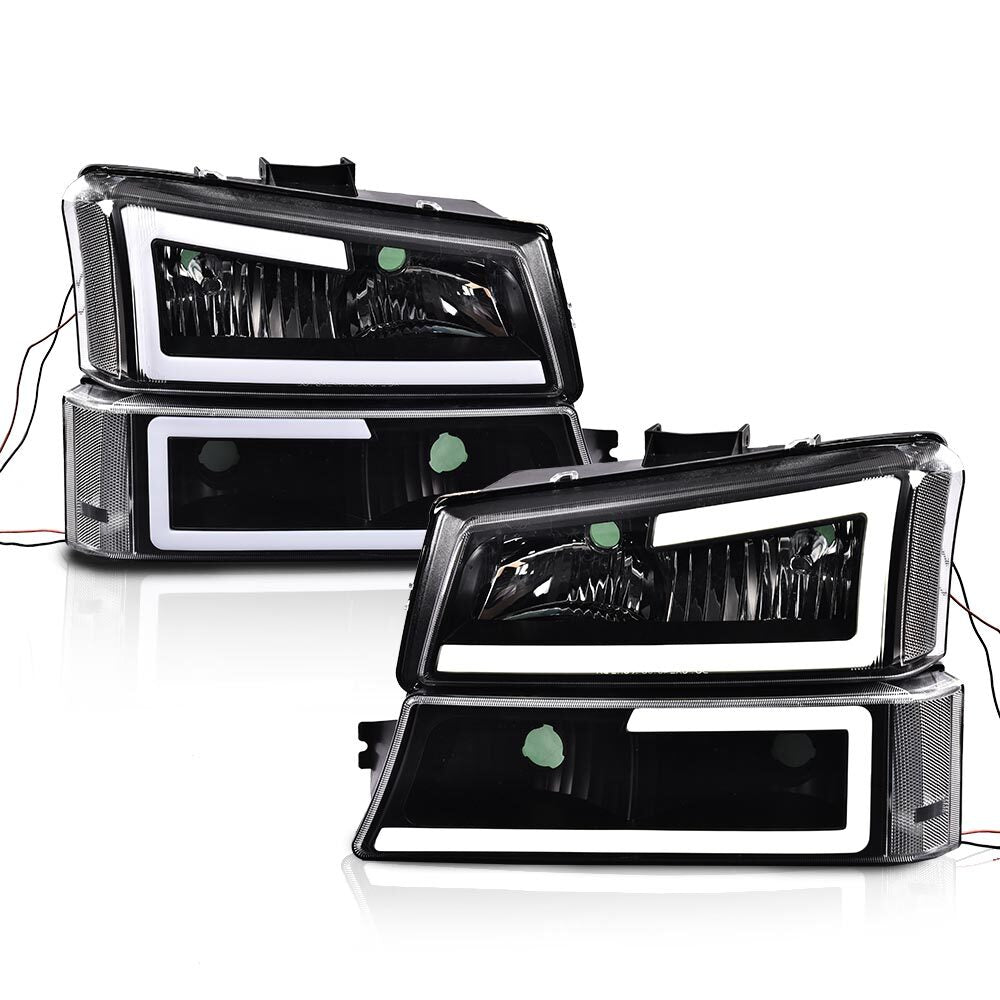 Transparent LED DRL headlights + taillights suitable for 2003-2007 for Chevrolet Silverado in black.