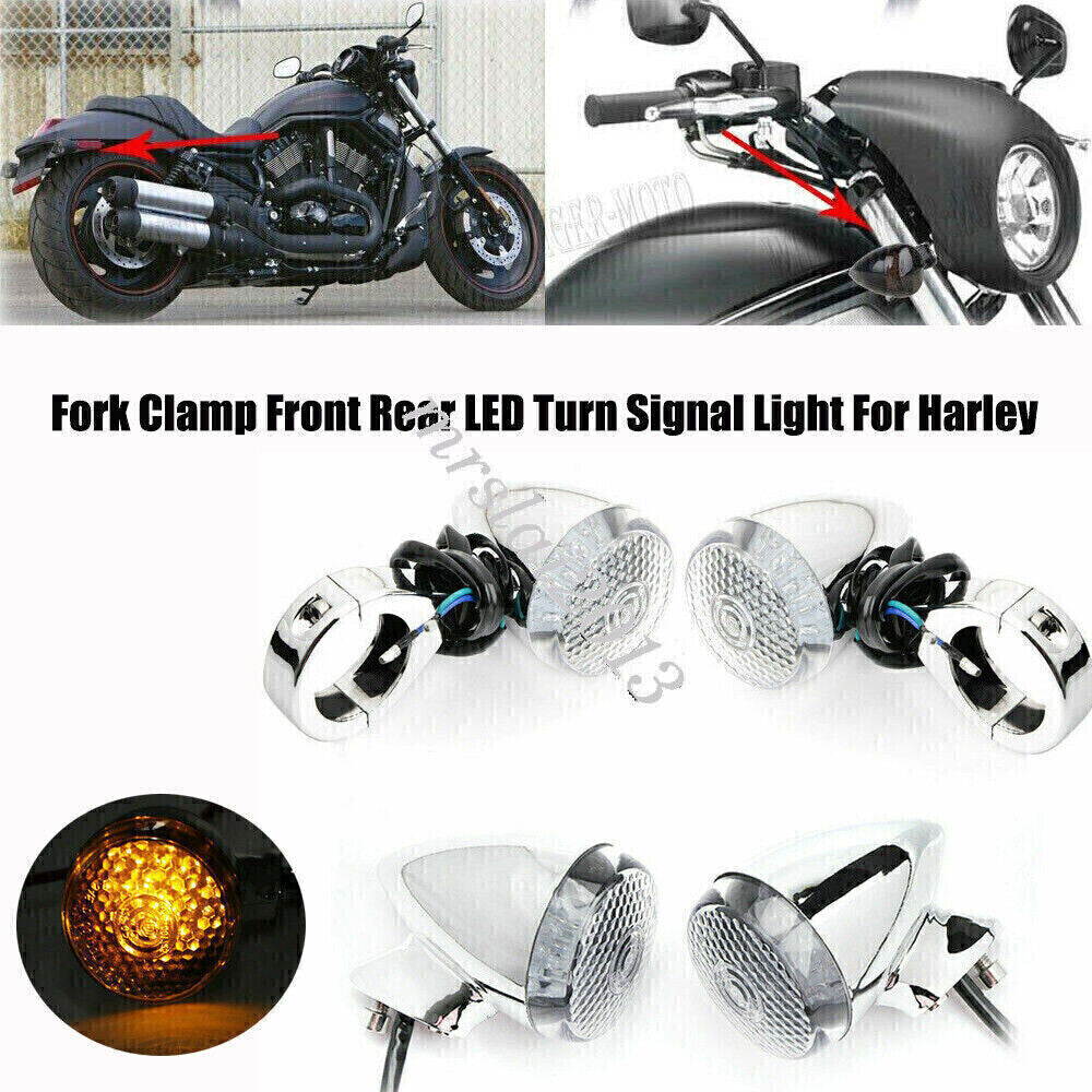 4x Motorcycle Fork Clamp Front Rear Chrome LED Turn Signal Light 39mm for Harley Q