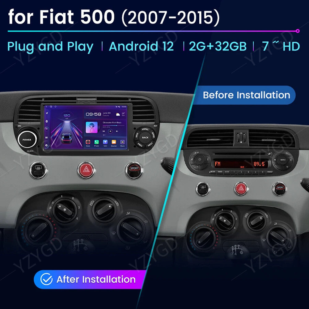 for Fiat 500 2007-2015 2+32G Android 14 Car Radio Apple Carplay Stereo Head Unit
