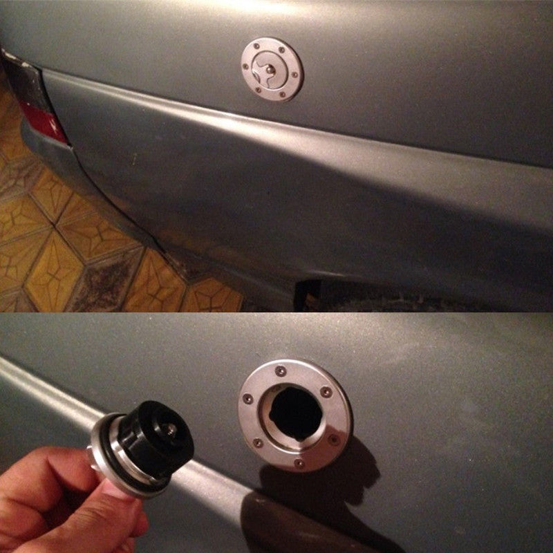 Silver aluminum alloy aircraft-style fuel cell tank cap with embedded mounting and 6-hole anodized finish. n