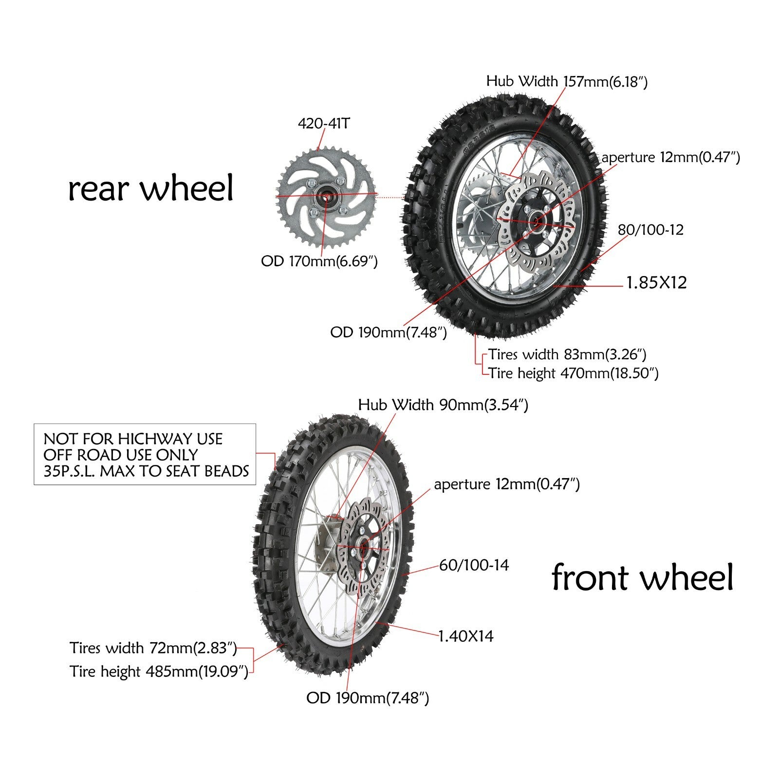 80/100-12 + 60/100-14 wheelset, tires, rims, rear swingarm, KLX110, KX65, SSR110, CRF70