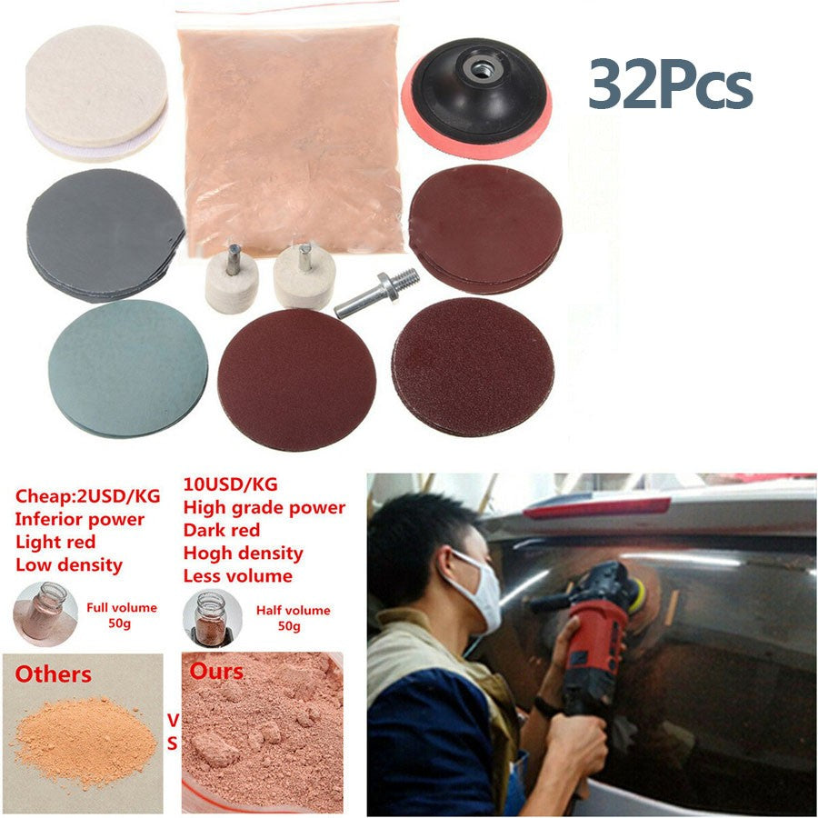 32Pcs Car Deep Scratch Remover Tool 8 Oz Cerium Oxide Powder Glass Polishing Kit