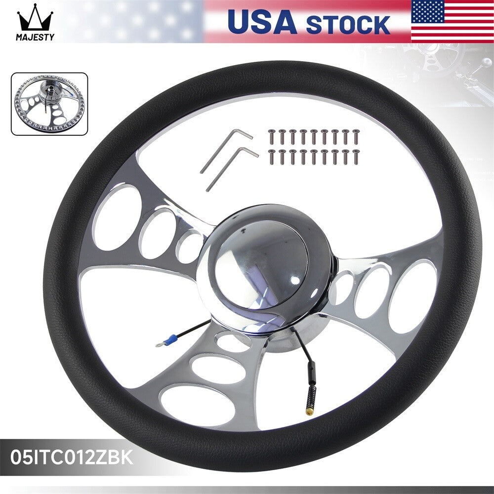 14 9-Bolt Chrome Half Wrap PVC Steering Wheel+Horn Adpter for Chevy GM for Dodge
