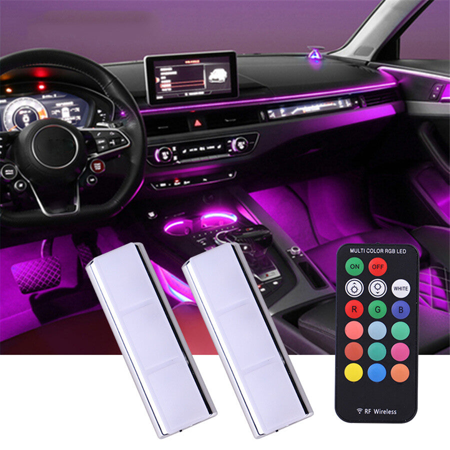 2PCS Car Interior RGB LED Decorative Ambient Foot Light Chargable Remote Control Q