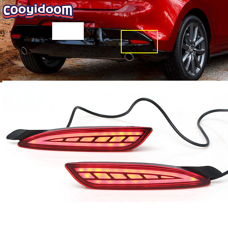 Dynamic turn signal reflectors for dual rear bumpers on 2019 and 2020 for Mazda 3 hatchbacks.