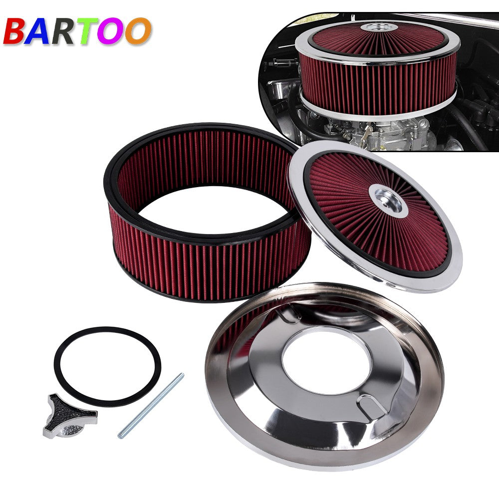 Universal 14 x 5RED Round Deep Dish Air Cleaner Kit+Washable Filter+Chrome Lid Q