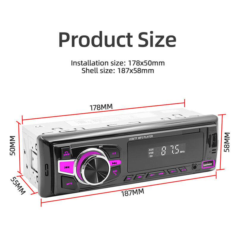 12V Single DIN Car Stereo MP3 FM Radio with Audio, Bluetooth, USB, AUX, and Voice Assistant n
