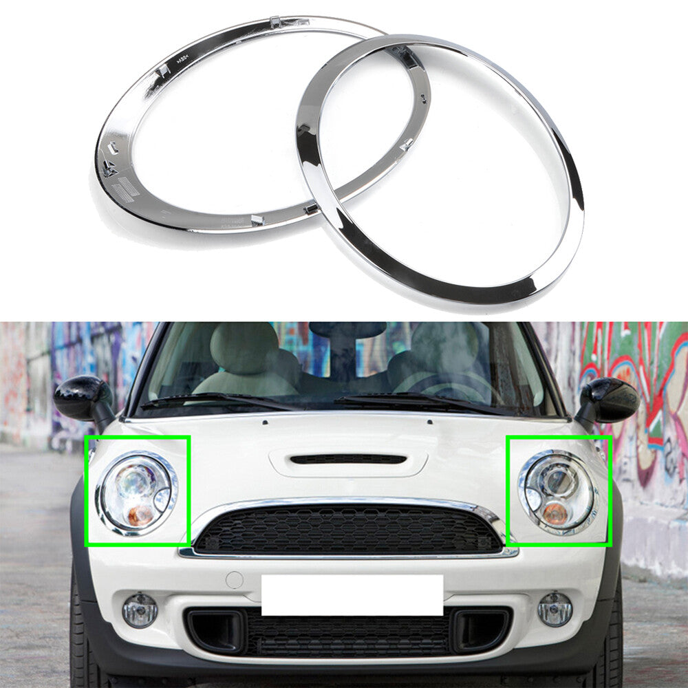 Chrome headlight trim rings on the left and right sides are suitable for Mini Cooper R55 and R56 models from 2007 to 2015.