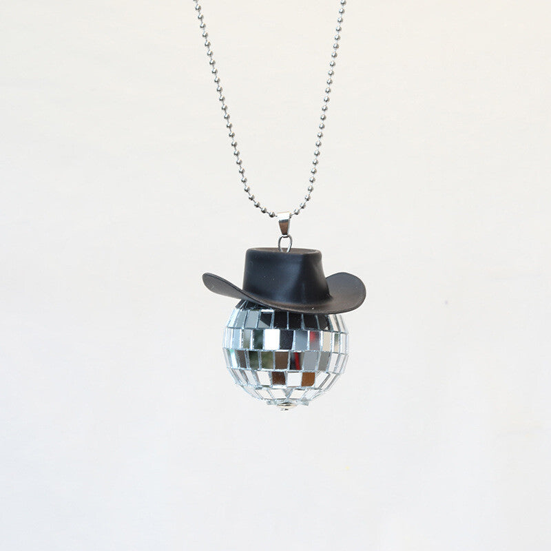 Cowboy Hat Disco Ball Car Ornamen Shiny Rear View Mirror Hanging Acessory Black