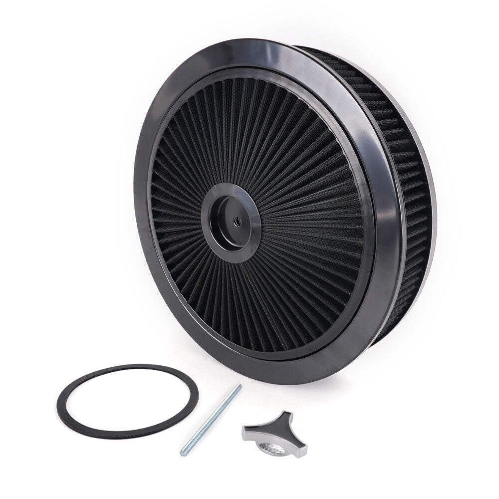 Black 14 x 3 Round Super Flow Thru Air Cleaner Washable For 5-1/8 Carb Neck Q